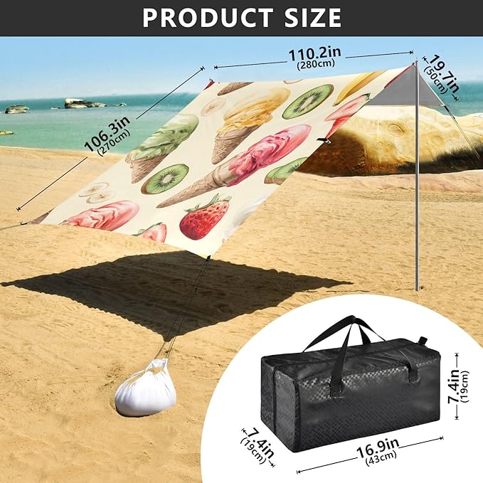 ALAZA Ice Cream Fruit Pattern Beach Tent Sun Shelter Portable Canopy Sunshade for Outdoor Camping Picnics Backyard Fun 10x9 ft