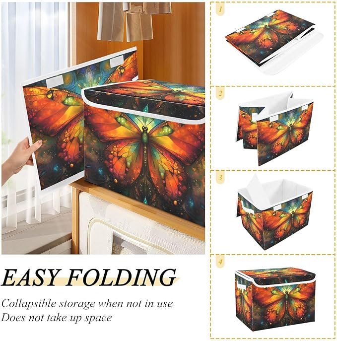 AIXIWAWA Lidded Storage Cube (Aesthetic Butterfly) Fabric Foldable Closet Bins with Flip Lid and Handles Organizer Basket Container 16.5 x 12.6 x 11.8 IN