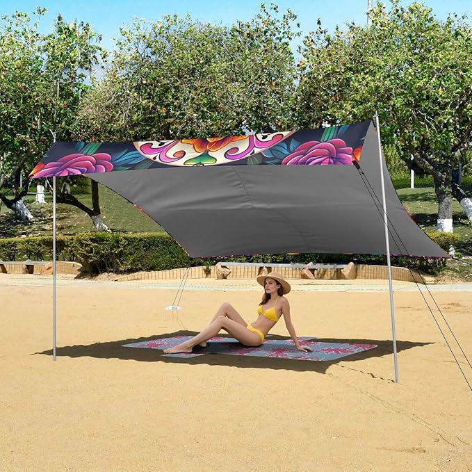 ALAZA Sugar Skull The Day of Dead Floral Beach Tent Sun Shelter Portable Canopy Sunshade for Outdoor Camping Picnics Backyard Fun 10x9 ft