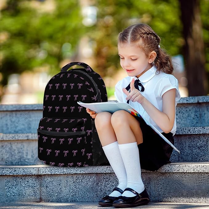 Cute Bow Backpack for Girls Lightweight School Backpack with Front Pocket &amp Side Mesh Black Pink Pattern Bookbag for Elementary Middle School Students Back to School Daily Use