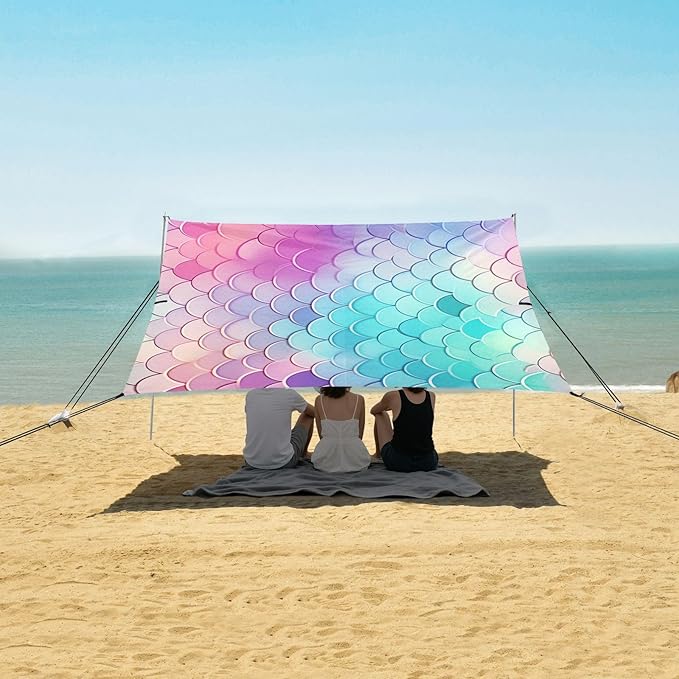 ALAZA Mermaid Print Beach Tent Sun Shelter UPF50+ Protection Beach Shade Canopy w/ 4 Sandbags for Outdoor Camping Fishing Backyard Fun Picnic 10x9 ft