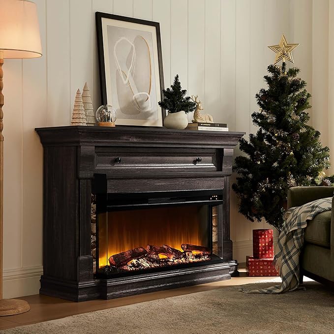 OKD 52 Inch Electric Fireplace with Mantel Fireplace TV Stand with 36 3-Sided Glass Electric Fireplace Heater for Living Room Dark Rustic Oak