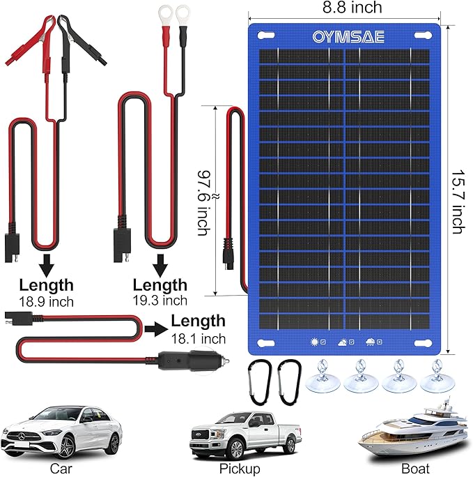 OYMSAE 12V 15W Solar Trickle Charger &amp Maintainer - Waterproof Battery Charger with Smart Controller for Car Boat RV Truck Marine - Includes Cigarette Plug &amp Alligator Clips