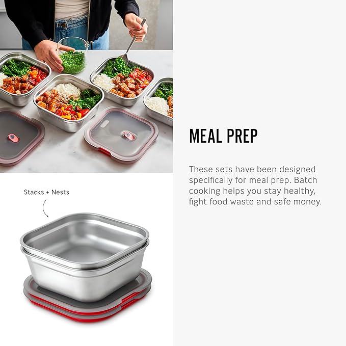 BLACK + BLUM Lunch Box - Meal Prep Containers Reusable for Picnic &amp Camping - Microwavable Stainless Steel Lunch Dinner Food Storage Box with Leak Proof Lid - Dishwasher Oven Safe - Large Square 3