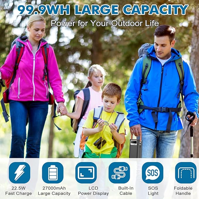 Portable Power Station 27000mAh Outdoor Generator with Built in Cable Portable Power Bank Backup Battery for Phone Charge Travel Home use Camping RV Trip