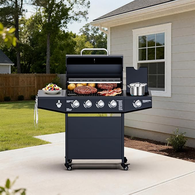 4 Burner Propane Gas Grill Output 50000 BTU Outdoor BBQ Gas Grill with Side Burner Built-in Thermometer &amp Wheels Outdoor Cooking for Patio Backyard BBQ