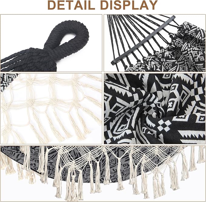 2 Person Hammock with PillowIndoor Hammocks with Portable Carry Bag Deluxe Macrame FringeCurved Spreader BarSide PocketPolycotton FabricUp to 450Lbs for PatioPorchBackyardBeachOutdoor