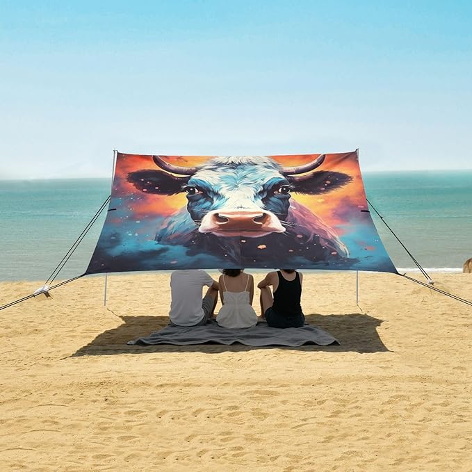 ALAZA Cow Portrait Cartoon Nebula Beach Tent Sun Shelter Portable Canopy Sunshade for Outdoor Camping Picnics Backyard Fun 10x9 ft