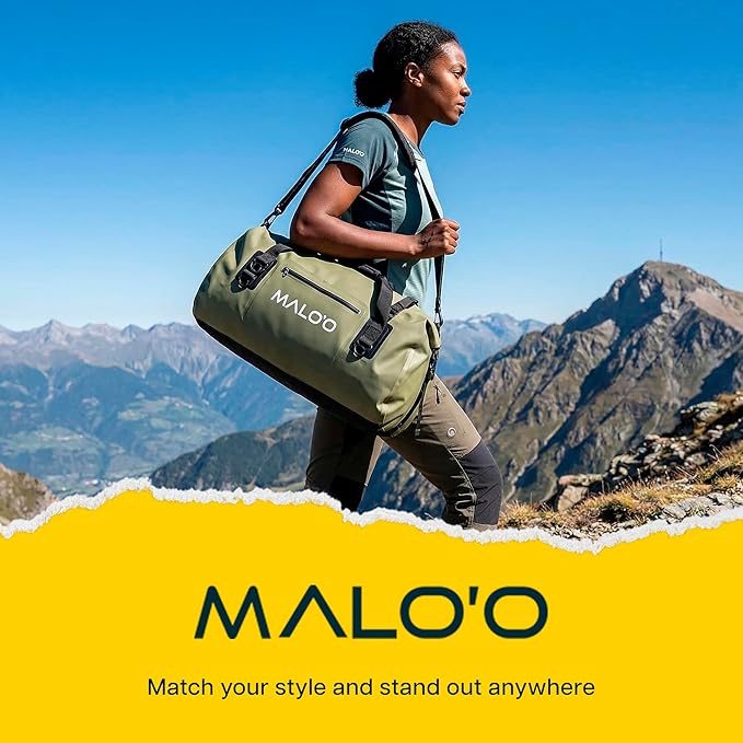 Malo’o Waterproof Dry Duffel Heavy-Duty Roll Top Waterproof Gear Bag with Shoulder Strap &amp Molle Loops Marine Duffel for Kayaking Boating Camping Beach &amp Travel Dark Green 40L