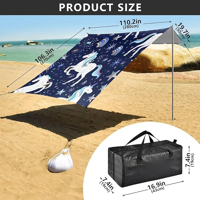 ALAZA Repeating White Unicorns Rainbows Pattern Beach Tent Sun Shelter Portable Canopy Sunshade for Outdoor Camping Picnics Backyard Fun 10x9 ft
