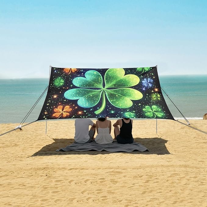 St Patrick's Clovers Glowing Beach Tent Sun Shelter Set UPF50+ UV Protection 10.5 x 9.19 FT Camping Shade Canopy with Sandbags Sand Anchors Carrying Bag and Others