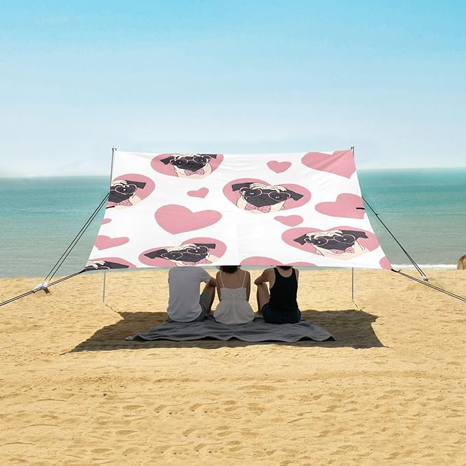 ALAZA Pink Dog Heart Pattern Beach Tent Sun Shelter Portable Canopy Sunshade for Outdoor Camping Picnics Backyard Fun 10x9 ft