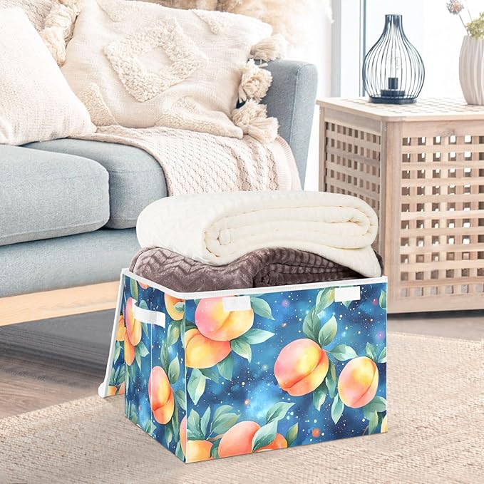 AIXIWAWA Lidded Storage Cube (Watercolor Peaches) Fabric Foldable Closet Bins with Flip Lid and Handles Organizer Basket Container 16.5 x 12.6 x 11.8 IN