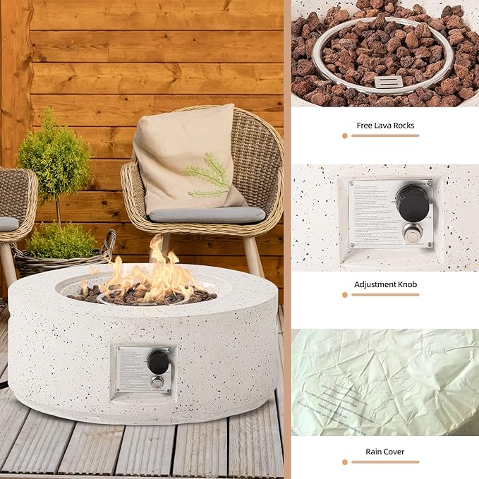 HOMPUS Outdoor Propane Fire Pit 40000 BTU 28-inch Round White Terrazzo Concrete Fire Table Gas Fire Pit w Lava Rocks and Rain Cover for Outdoor Deck or Backyard