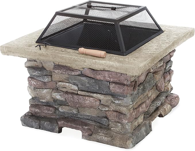 Outdoor Fire Pit Table 28.5 Inch Wood Burning Fire Pit for Patio with Spark Screen Fire Poker MGO Square Fireplace for Camping Garden Backyard Bonfire Party Stone Gray