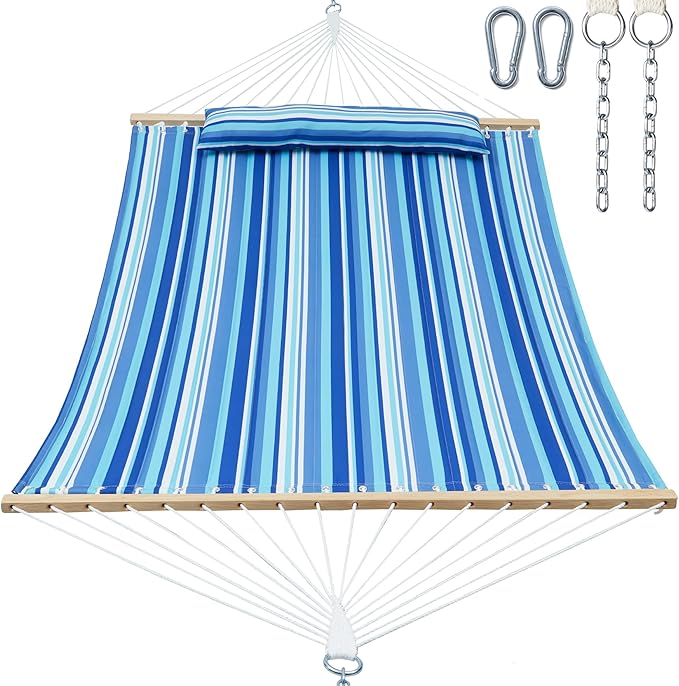 GAFETE Hammock 2 Person Quilted Fabric Hammocks for Outside Double 12ft Hammocks with Spreader Bar Large Removable Pillow Storage Bag Carabiners Max 475 lbs Capacity (Ocean Blue)