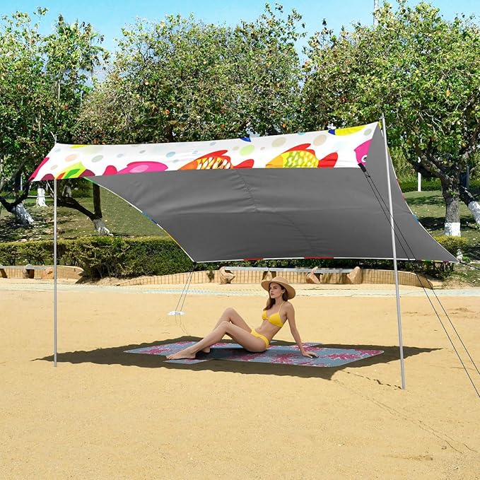 Beach Canopy with Windproof Ropes &amp Sandbags Beach Tent Sun Shade Sun Shelter for Camping Trips Fishing Backyard Fun or Picnics Fish