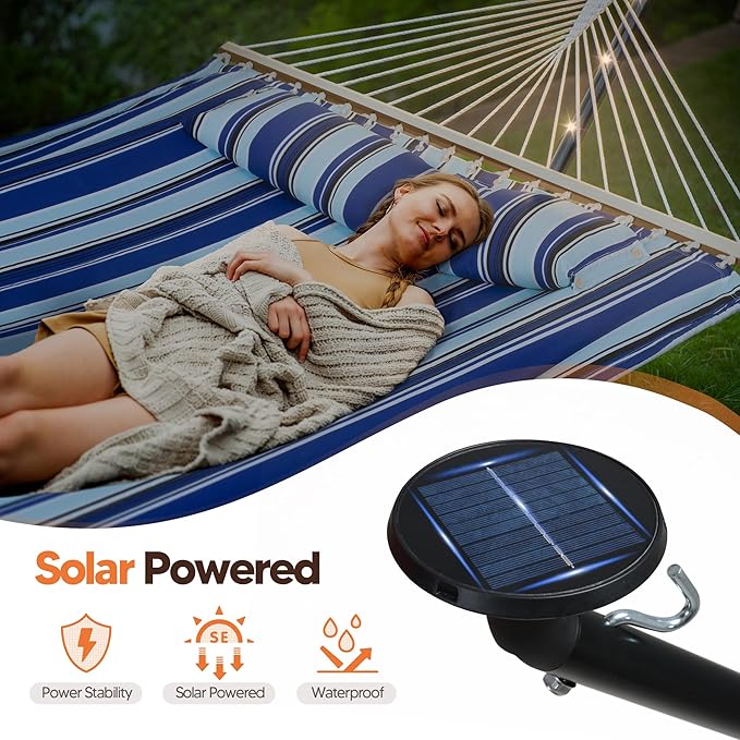 SUNCREAT Double Backyard Hammock with Solar Powered Lights for Outside 475 lbs Capacity Heavy Duty Self Standing Hammock with 12 ft Stand Blue