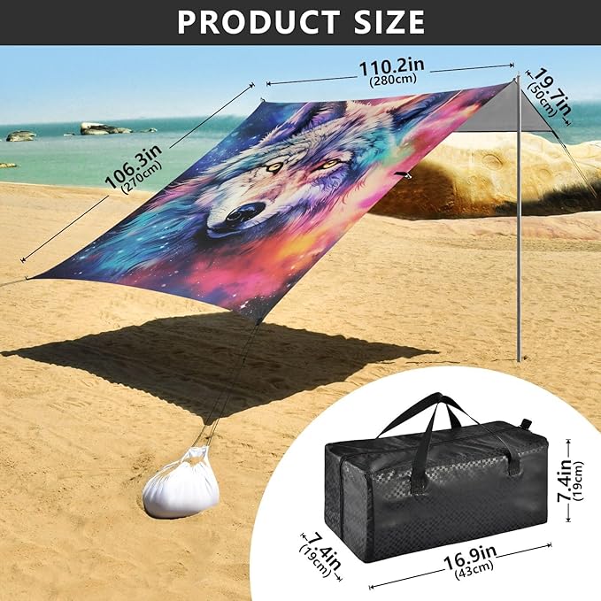 ALAZA Wolf Colorful Sky Space Galaxy Wolf Beach Tent Sun Shelter Portable Canopy Sunshade for Outdoor Camping Picnics Backyard Fun 10x9 ft