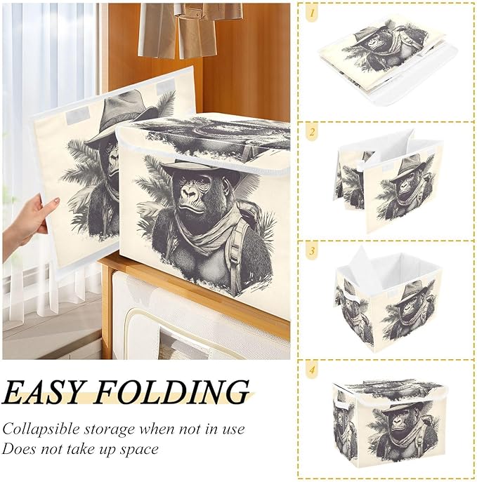 Storage Cube with Lid Gorilla Adventure Print 16.5×12.6×11.8 IN Collapsible Large Capacity Foldable Storage Basket Bin Organizer