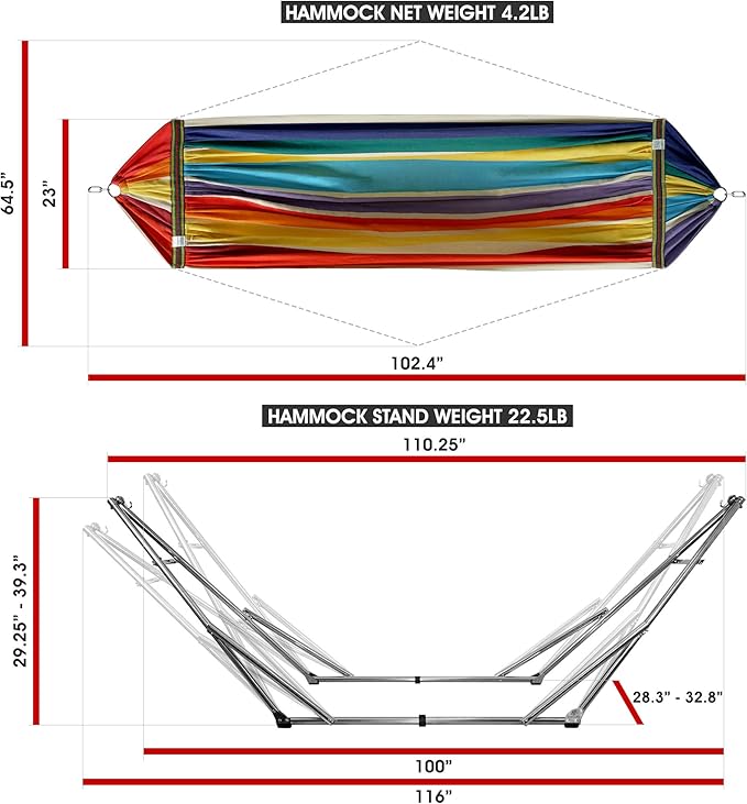 Tranquillo Double Hammock with Stand 550lb Capacity Double Hammock with Spreader Bar Solid Grade 201 Stainless Steel 30s Set Up Sturdy Flexible Hammock Stand Portable Outdoor Indoor Rainbow