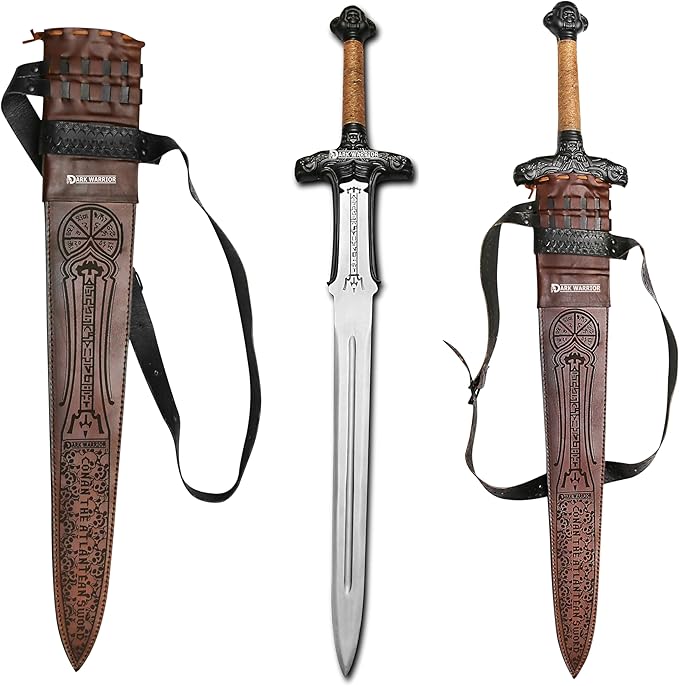 Conan Sword Handmade Conan Atlantean Sword 1095 Carbon Steel Brass Fittings Brown with Leather Sheath Viking sword - dark- conan sword real viking (Conan Atlantean Sword(BLACK))