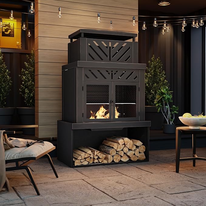 31.5 Outdoor Wood Fireplace with Chimney and Wood Storage Fireplace with Fire Pocker BBQ Grill &amp Gloves Outside Removable Fire Pit for Patio Garden and Deck Black