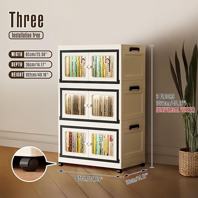 SunSettler Large Collapsible Plastic Storage Bins with Lid Stackable Cabinets with Wheels Folding Storage Cabinets Stackable Closet Organizers for Home and Office
