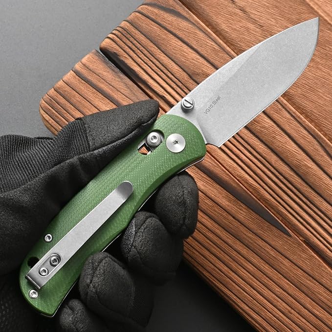 FF22 Folding Pocket Knife VG10 Steel Blade G10 Handle Full Tang Knife for Outdoor Camping Hunting Hiking Survival (Green)