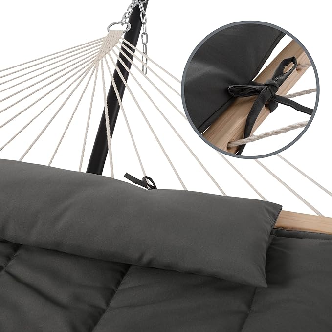 SUNCREAT Double Outdoor Hammock with Stand Two Person Cotton Rope Hammock with Polyester Pad Dark Gray