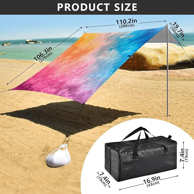 ALAZA Gradient Tie Dye Rainbow Beach Tent Sun Shelter UPF50+ Protection Beach Shade Canopy w/ 4 Sandbags for Outdoor Camping Fishing Backyard Fun Picnic 10x9 ft
