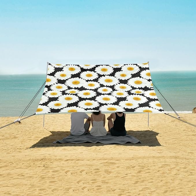 Beach Canopy with Windproof Ropes &amp Sandbags Beach Tent Sun Shade Sun Shelter for Camping Trips Fishing Backyard Fun or Picnics Daisy