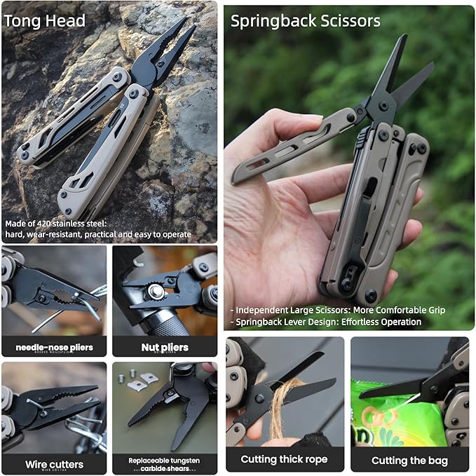 Multitools 20-in-1 Full-Size Lightweight EDC Multi-Purpose PliersWith Safety Locking Knife Tactical Gear Tools Men Gift Ideas Equipment for Emergencies Hiking and Outdoor Camping (Black)
