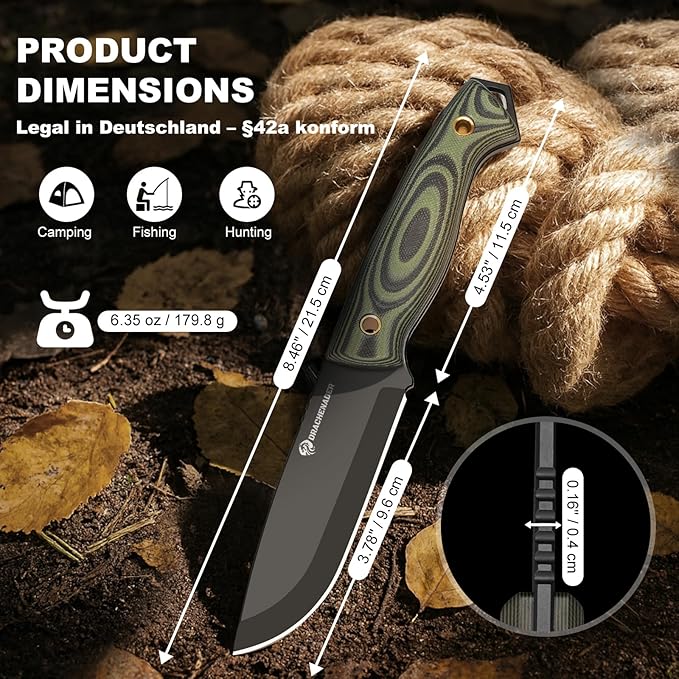 Fixed Blade Survival Knife with Fire Starter Whistle &amp Compass Full Tang D2 Steel Blade Horizontal Carry Sheath for Outdoor Sports