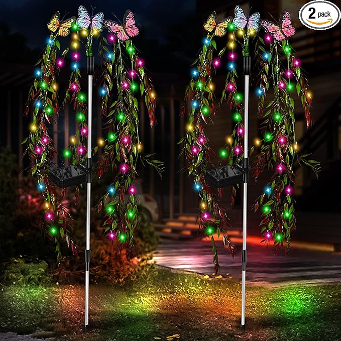 Solar Garden Lights Outdoor Decorative Waterproof 69LED Swaying Tree Solar Lights for Outside Butterfly Flower Lights Solar Power Yard Decor for Pathway Patio Lawn Grave Decorations