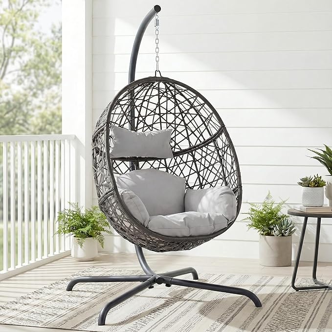 NICESOUL Bird Cage Swing Egg Chair UV/Water-Resistant 450lbs Capacity Wicker Swinging Chairs with Stand Comfy Oversized Hanging Seat w/Cushion Metal Frame &amp Cover for Indoor Outdoor Light Grey