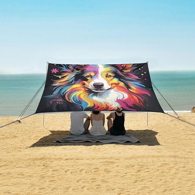 ALAZA Border Dog Beach Tent Sun Shelter UPF50+ Protection Beach Shade Canopy w/ 4 Sandbags for Outdoor Camping Fishing Backyard Fun Picnic 10x9 ft