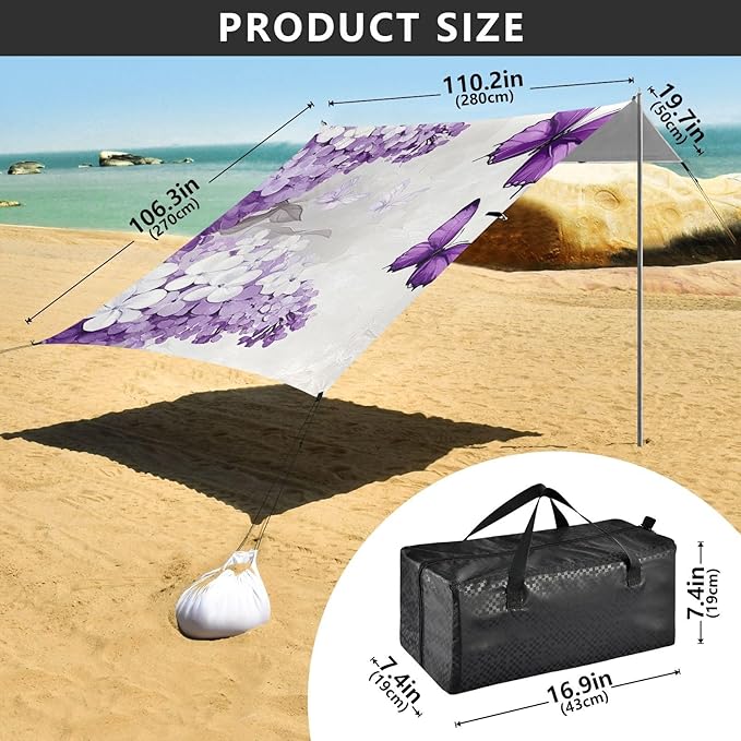 Purple Butterflies White Lilac Foldable Beach Cabana UPF50+ Easy Setup Shade Sun Shelter with Sturdy Poles Sandbags and Shovel for Family Trips Picnics &amp Camping