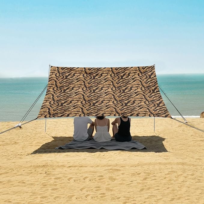 ALAZA Brown Tiger Print Beach Tent Sun Shelter UPF50+ Protection Beach Shade Canopy w/ 4 Sandbags for Outdoor Camping Fishing Backyard Fun Picnic 10x9 ft