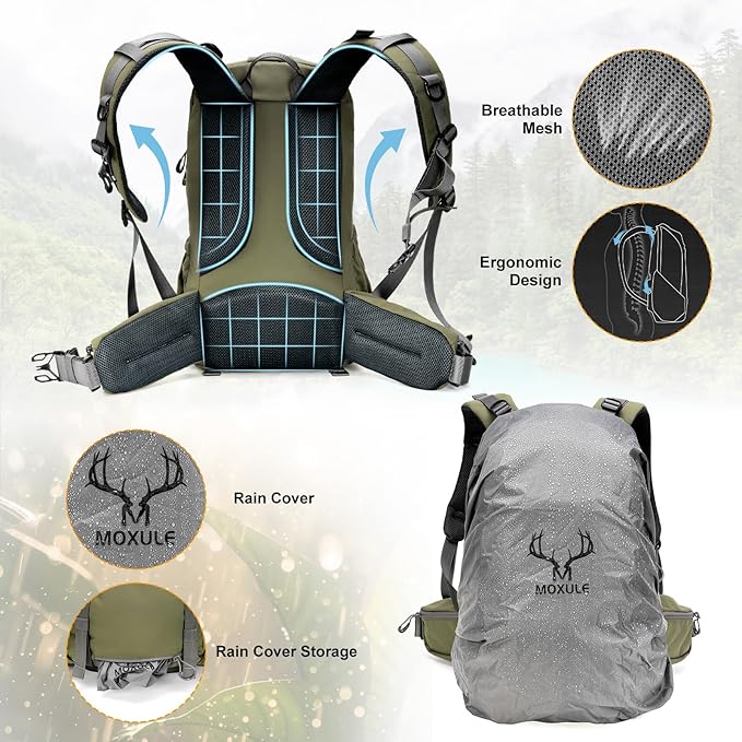 MOXULE Hunting Backpack Waterproof Pack: 25L Hunting Gear with Rain CoverHunting Day Pack with Rifle Bow Gun Holder (Green)