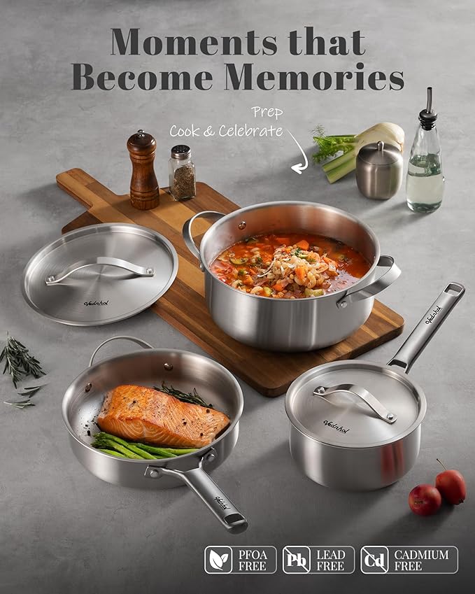 Stainless Steel Cookware Set 8 Pcs Tir-Ply Pots and Pans Set PFOA&ampPTFE Free Dishwasher&ampOven Safe Kitchen Induction Compatible ollas de acero inoxidable para cocinar