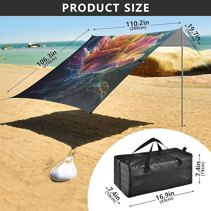 ALAZA Rose Flower Fantastic Beach Tent Sun Shelter UPF50+ Protection Beach Shade Canopy w/ 4 Sandbags for Outdoor Camping Fishing Backyard Fun Picnic 10x9 ft