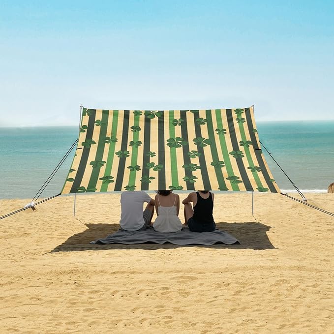 St Patrick Striped Clovers Beach Tent Sun Shelter Set UPF50+ UV Protection 10.5 x 9.19 FT Camping Shade Canopy with Sandbags Sand Anchors Carrying Bag and Others