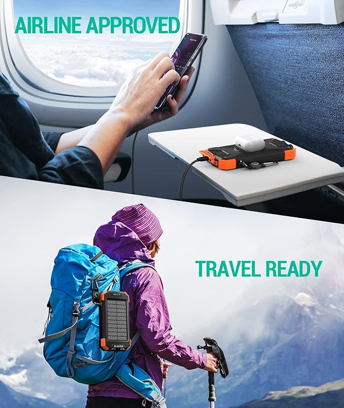 BLAVOR Solar Power Bank 10000mAh Portable Wireless Charger 20W Fast Charging External Battery Pack with USB C for Cell Phones Solar Panel Charging with Dual Flashlight for Camping