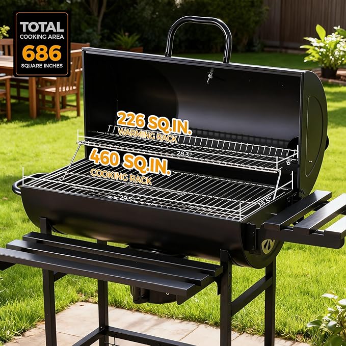 MASTER COOK Barrel Charcoal Grill with Foldable Front Shelf 686 Sq.in. Cooking Area Outdoor bbq GrillThermometer and Adjustable Air Vents for Patio PartiesBackyard Tailgating Black