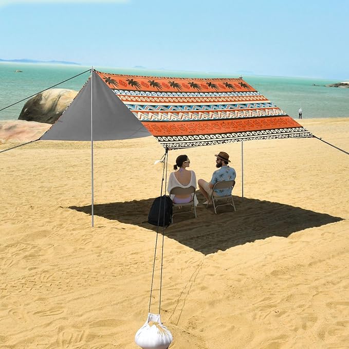 xigua Boho Tribal Aztec Beach Tent Sun Shelter with Carrying Bag - Silver Coated Oxford Fabric Beach Canopy for Beach Camping Fishing - Includes Windproof Ropes Sandbags &amp Stakes