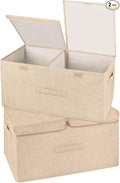2 Pack Large Storage Boxes with Lids and Handles Collapsible Linen Storage Bins Organizer Containers Baskets Cube with Removable Divider for Home Bedroom Closet Office (Khaki Large)