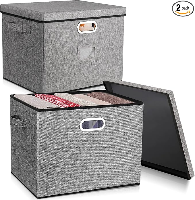 Lukeline Collapsible Storage Bins with Lids 2-Pack Foldable Fabric Linen Storage Boxes Cube Closet Organizer Storage Basket with Label for Home Bedroom Office(17 x 13 x 13 Gray)