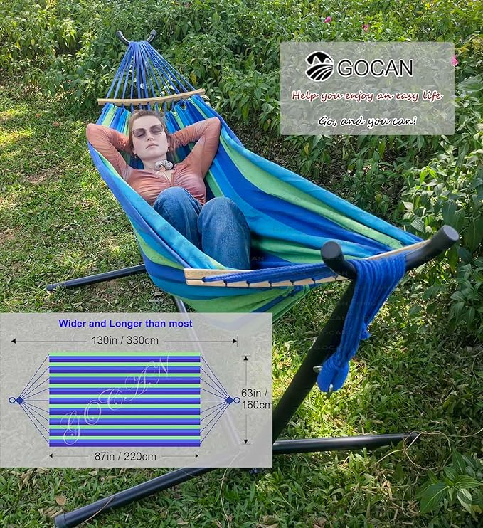 GOCAN Double Hammock 2 Person Extra Large 220x160cm Total Length 330cm Load 500lb Canvas Cotton Hammock for Patio Porch Garden Backyard Lounging Outdoor and Indoor with Removable Spreader bar