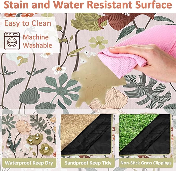 Floral Picnic Blankets Waterproof Foldable 60″X80″ Packable Picnic Mat Flowers Outdoor Blanket for Grass Large Beach Blanket Sandproof Picnic Accessories for Camping Music Festival Park Lawn Travel